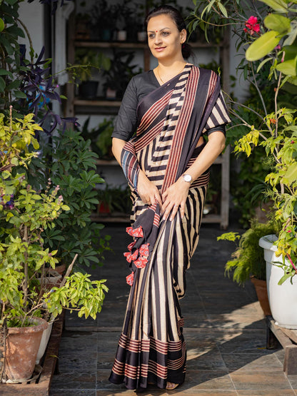 Black Striped Modal Silk Ajrakh Block Print Saree