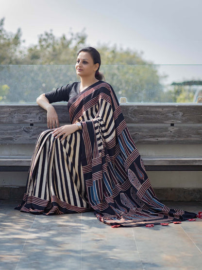 Black Striped Modal Silk Ajrakh Block Print Saree