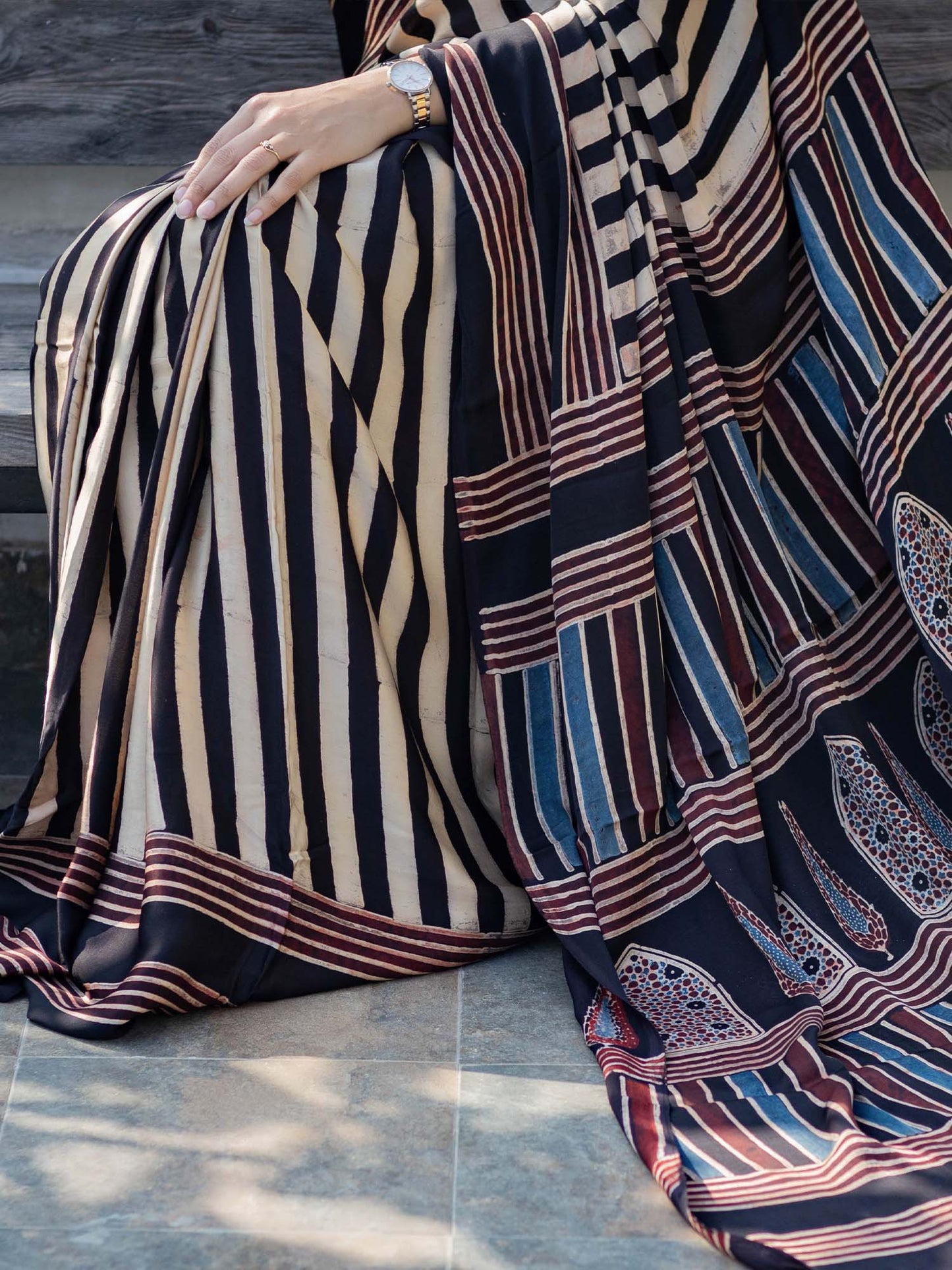 Black Striped Modal Silk Ajrakh Block Print Saree