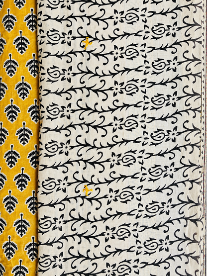 Mustard Handblock Printed Hand Embroidered Mull Cotton Saree