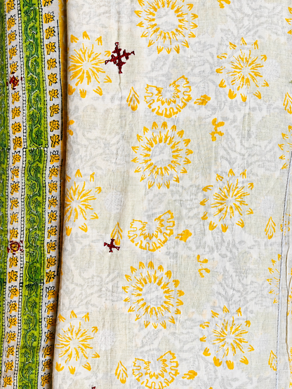 Green Handblock Printed Hand Embroidered Mull Cotton Saree