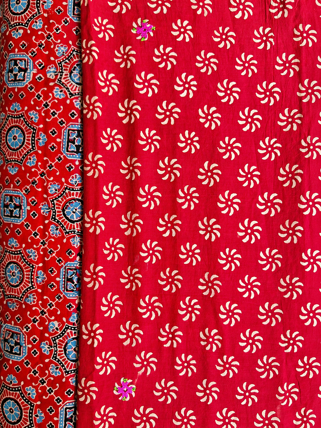 Red Ajrakh Handblock Printed Hand Embroidered Mull Cotton Saree