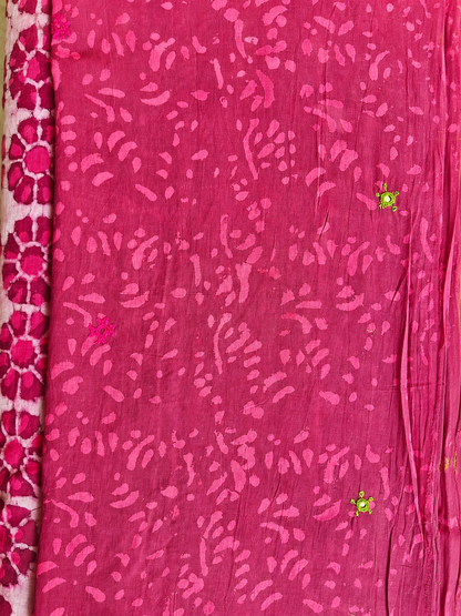 Mauve Handblock Printed Hand Embroidered Mull Cotton Saree