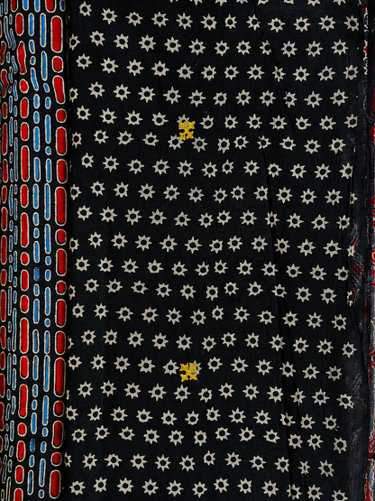 Black Ajrakh Handblock Printed Hand Embroidered Mull Cotton Saree