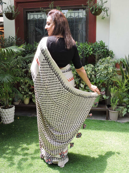 Offwhite with Red & Black Stripes Modal Silk Ajrakh Block Print Saree