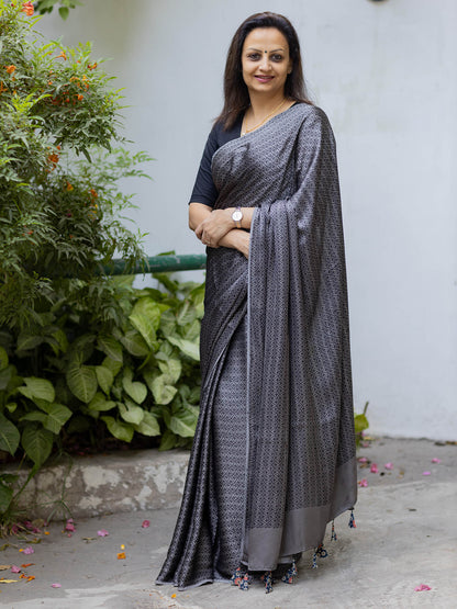 Grey Jaal Modal Silk Ajrakh Block Print Saree