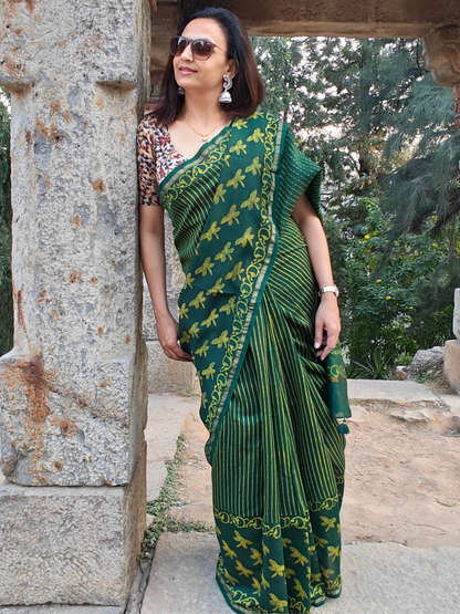 Green-Yellow Dabu Handblock Print Chanderi Saree