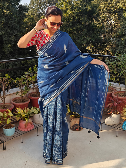 Indigo Dabu Handblock Print Chanderi Saree (Copy)