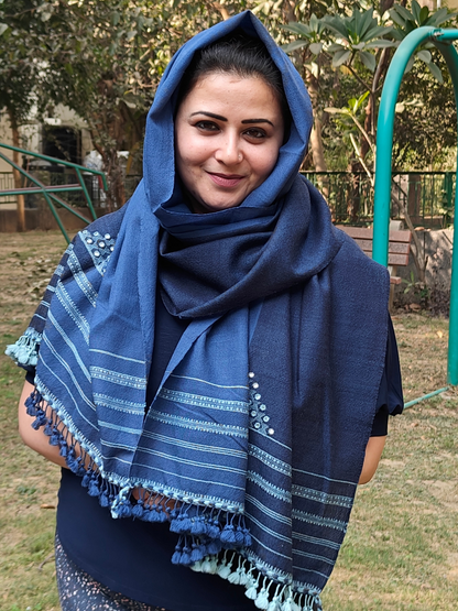 Indigo Blue Half & Half Handwoven Woollen Stole with Handembroidery & Mirror Work