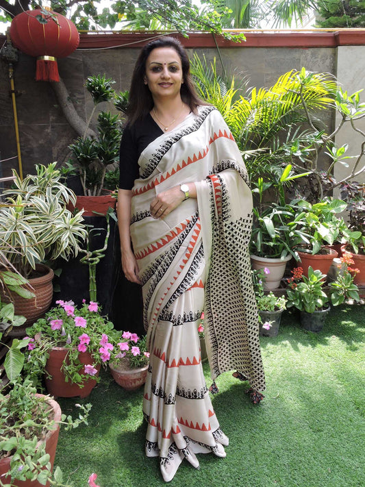 Offwhite with Red & Black Stripes Modal Silk Ajrakh Block Print Saree