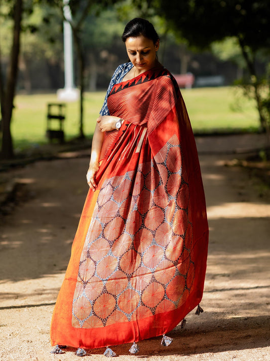 Red & Off-white Striped with Square Palla Modal Silk Ajrakh Block Print Saree