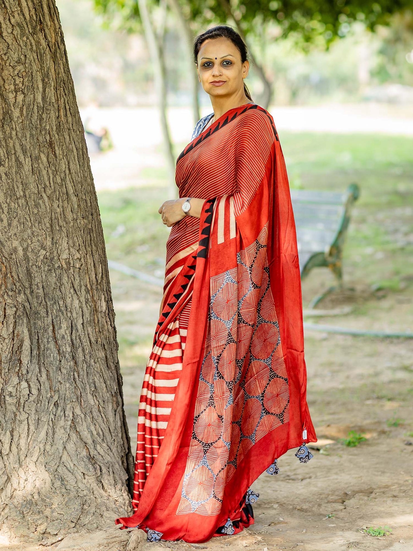 Red & Off-white Striped with Square Palla Modal Silk Ajrakh Block Print Saree