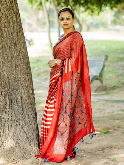 Red & Off-white Striped with Square Palla Modal Silk Ajrakh Block Print Saree