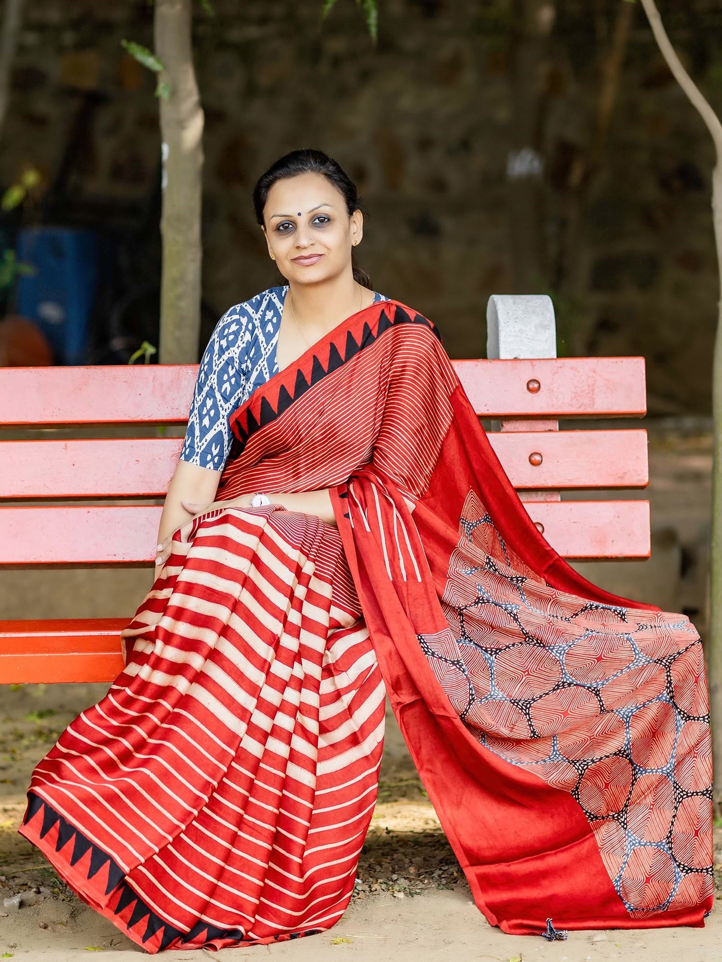 Red & Off-white Striped with Square Palla Modal Silk Ajrakh Block Print Saree