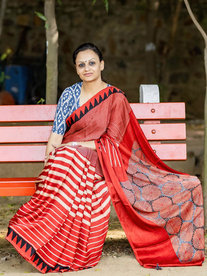 Red & Off-white Striped with Square Palla Modal Silk Ajrakh Block Print Saree