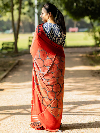 Red & Off-white Striped with Square Palla Modal Silk Ajrakh Block Print Saree