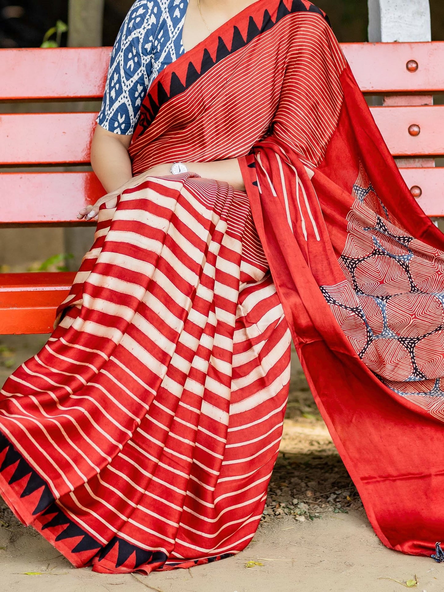 Red & Off-white Striped with Square Palla Modal Silk Ajrakh Block Print Saree