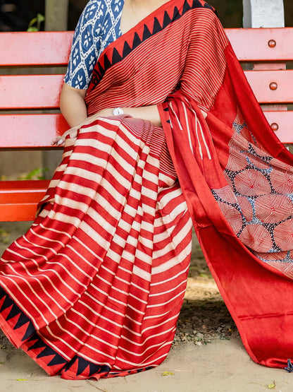 Red & Off-white Striped with Square Palla Modal Silk Ajrakh Block Print Saree