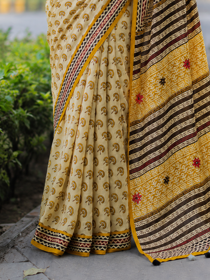 Off White Handblock Printed Hand Embroidered Mull Cotton Saree