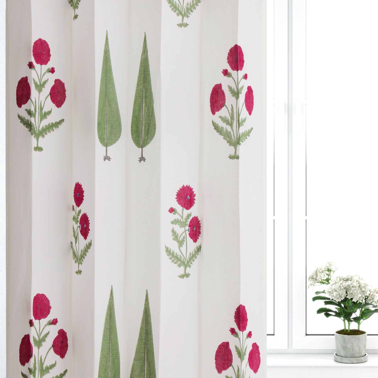 Wine Poppy and Green Cyprus Cotton Handblock Curtain (Pair of 2 Curtains)