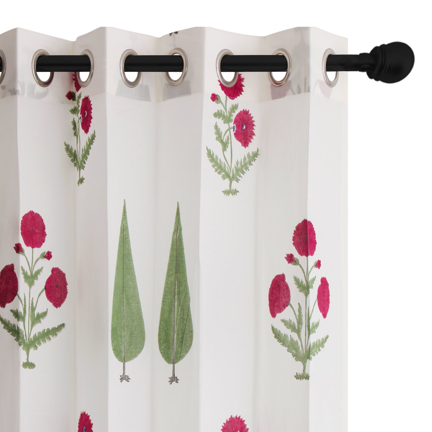 Wine Poppy and Green Cyprus Cotton Handblock Curtain (Pair of 2 Curtains)
