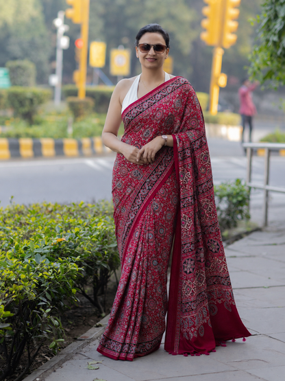 Red Ajrakh Handblock Printed Hand Embroidered Mull Cotton Saree