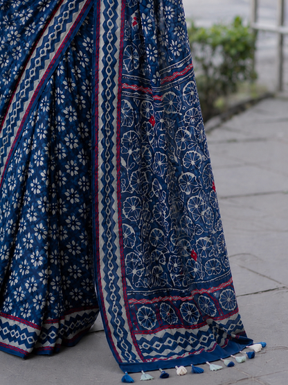 Indigo Handblock Printed Hand Embroidered Mull Cotton Saree