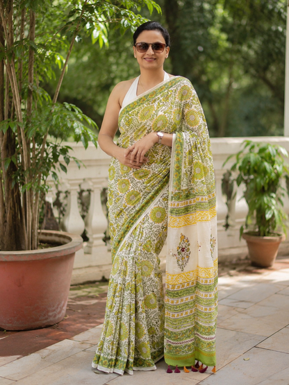 Green Handblock Printed Hand Embroidered Mull Cotton Saree