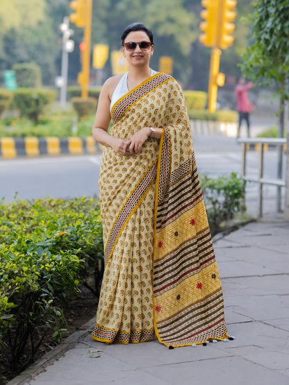Off White Handblock Printed Hand Embroidered Mull Cotton Saree