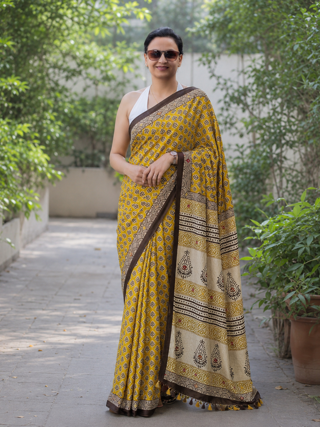 Mustard Handblock Printed Hand Embroidered Mull Cotton Saree