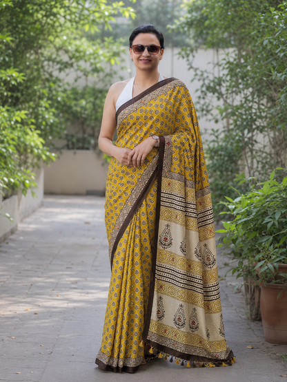 Mustard Handblock Printed Hand Embroidered Mull Cotton Saree
