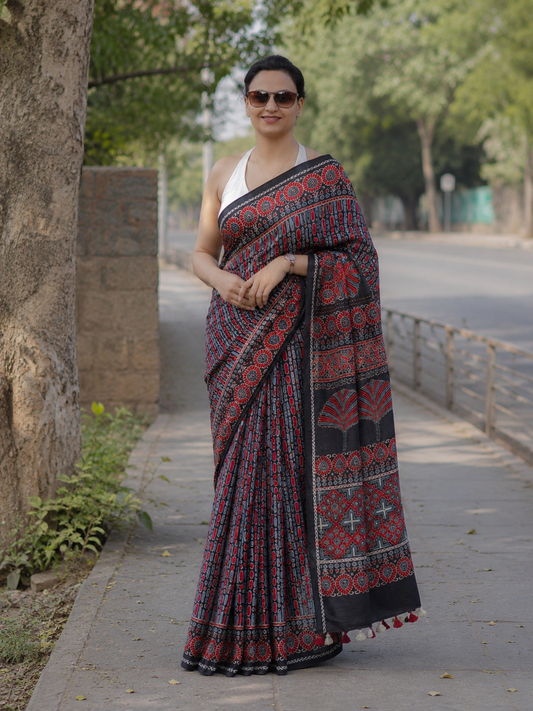 Black Ajrakh Handblock Printed Hand Embroidered Mull Cotton Saree