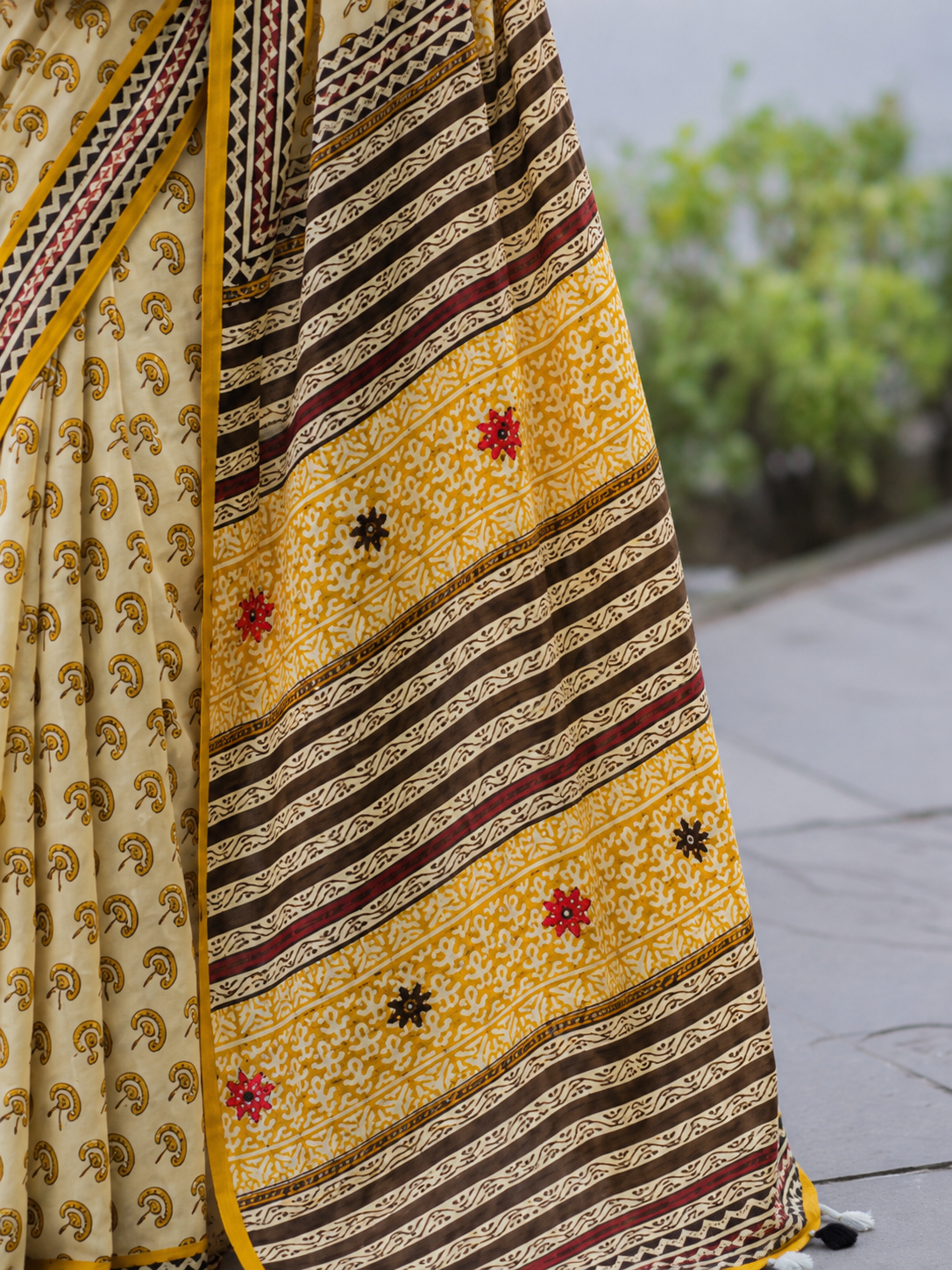 Off White Handblock Printed Hand Embroidered Mull Cotton Saree