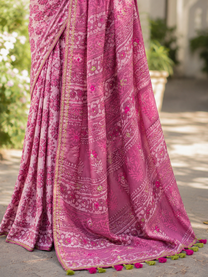 Mauve Handblock Printed Hand Embroidered Mull Cotton Saree