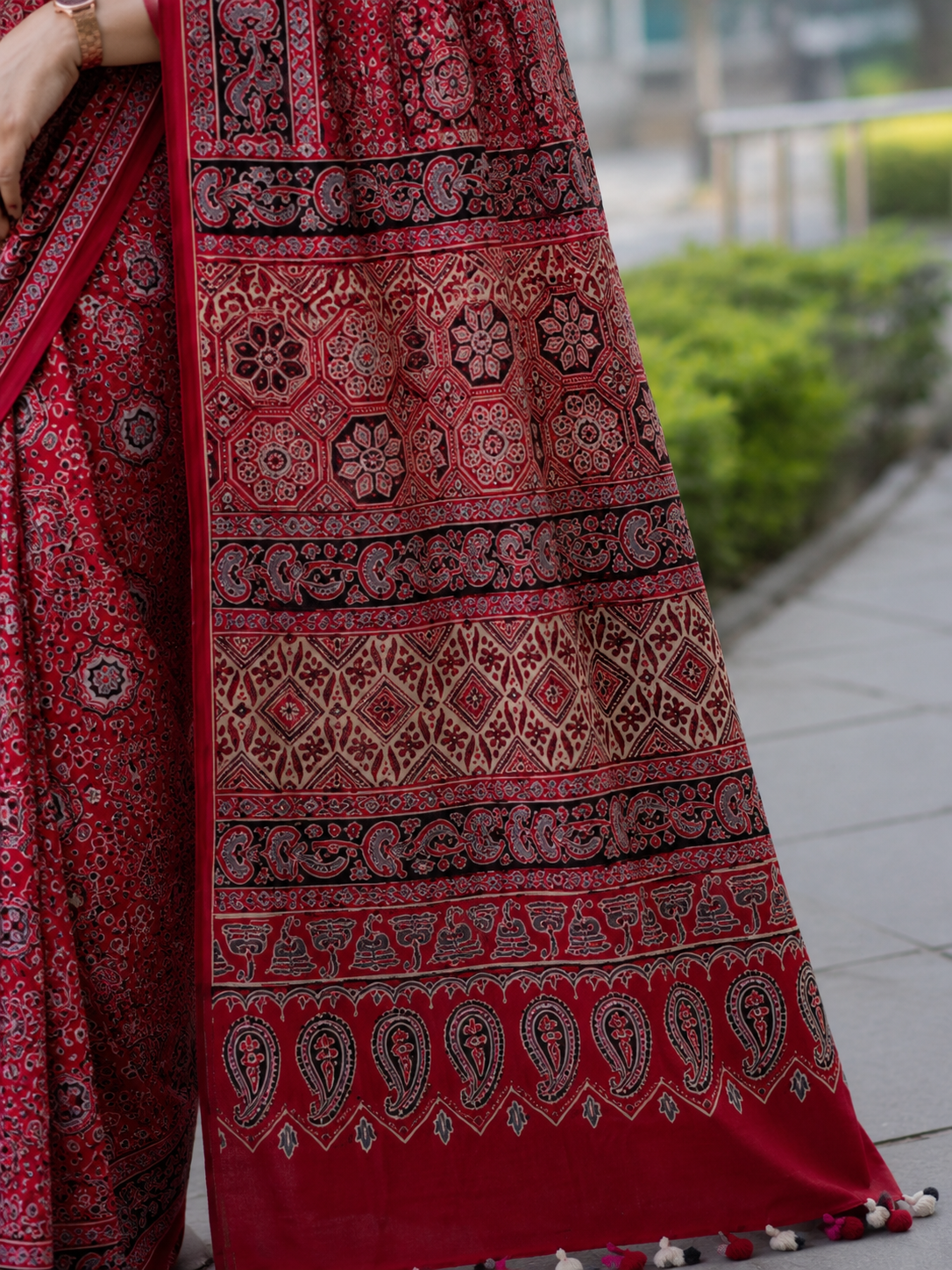 Red Ajrakh Handblock Printed Hand Embroidered Mull Cotton Saree