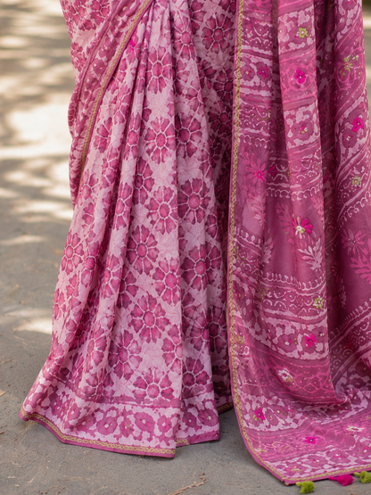 Mauve Handblock Printed Hand Embroidered Mull Cotton Saree
