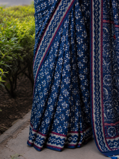 Indigo Handblock Printed Hand Embroidered Mull Cotton Saree