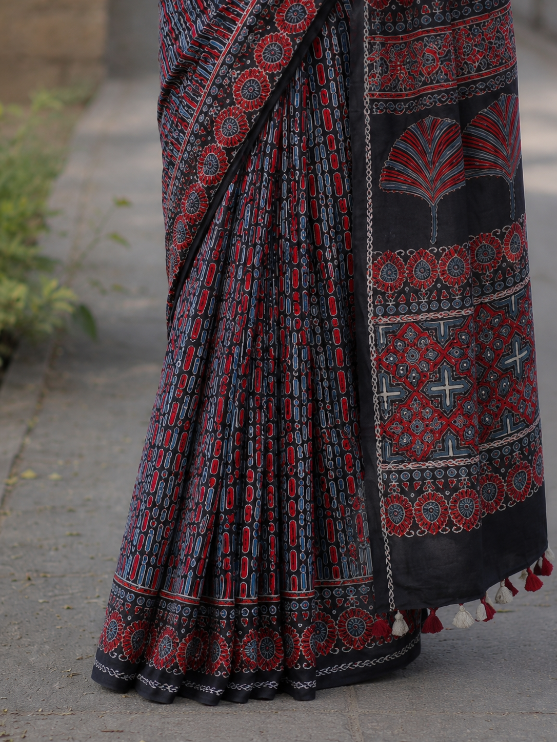Black Ajrakh Handblock Printed Hand Embroidered Mull Cotton Saree
