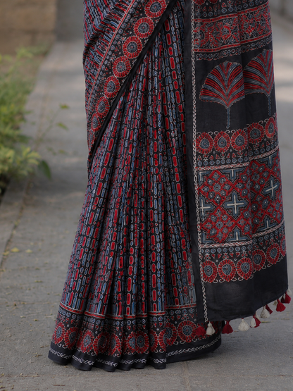 Black Ajrakh Handblock Printed Hand Embroidered Mull Cotton Saree