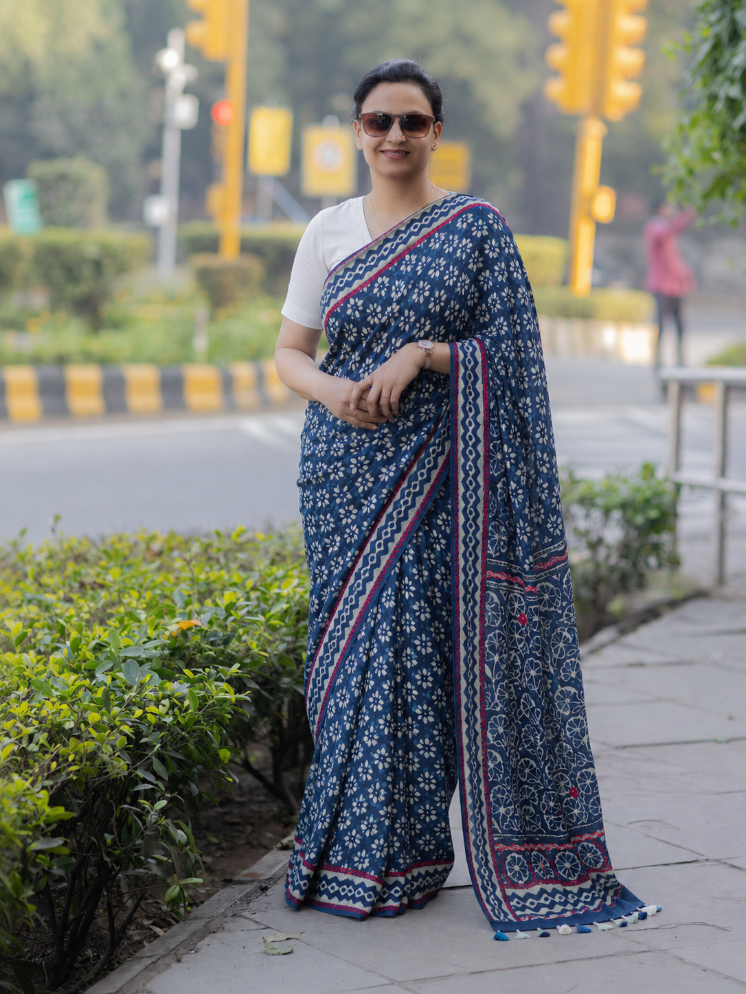 Indigo Handblock Printed Hand Embroidered Mull Cotton Saree