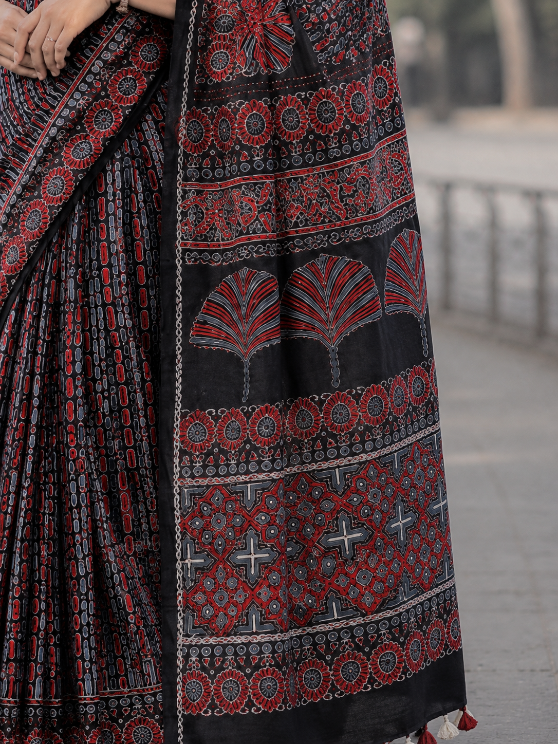 Black Ajrakh Handblock Printed Hand Embroidered Mull Cotton Saree
