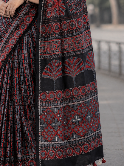 Black Ajrakh Handblock Printed Hand Embroidered Mull Cotton Saree