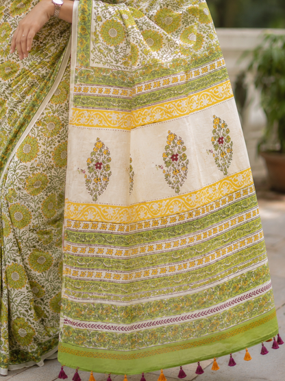 Green Handblock Printed Hand Embroidered Mull Cotton Saree
