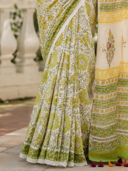 Green Handblock Printed Hand Embroidered Mull Cotton Saree