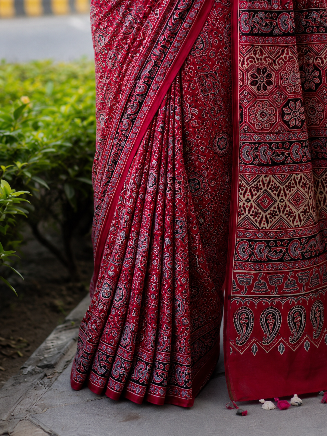 Red Ajrakh Handblock Printed Hand Embroidered Mull Cotton Saree