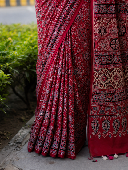 Red Ajrakh Handblock Printed Hand Embroidered Mull Cotton Saree
