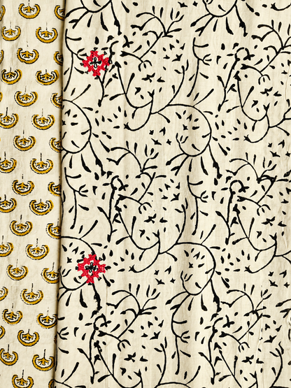 Off White Handblock Printed Hand Embroidered Mull Cotton Saree