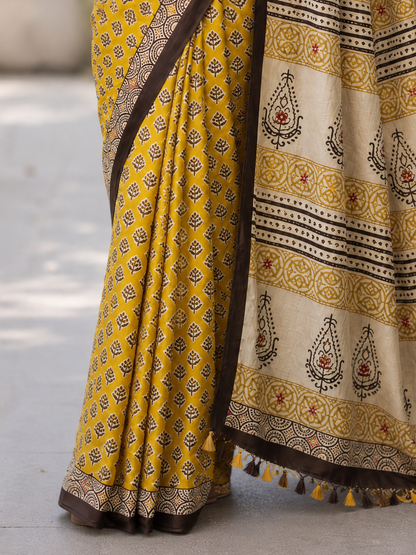 Mustard Handblock Printed Hand Embroidered Mull Cotton Saree