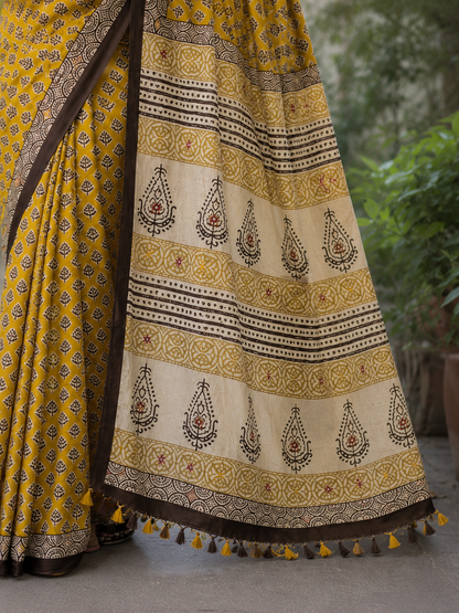 Mustard Handblock Printed Hand Embroidered Mull Cotton Saree