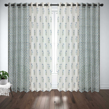 Blue SeaGreen Mughal Jaal with Blue SeaGreen Lillies Cotton Handblock Combo (Set of 4 Curtains)